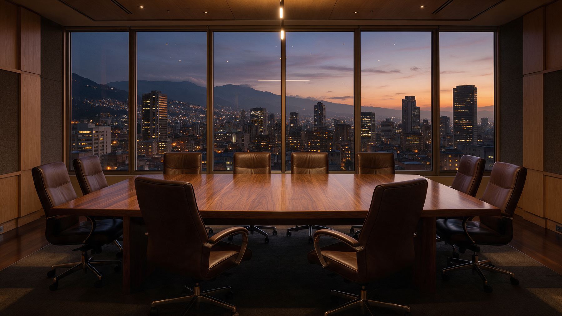 Sala de juntas con vista a Bogotá: asesoría en derecho comercial y empresarial