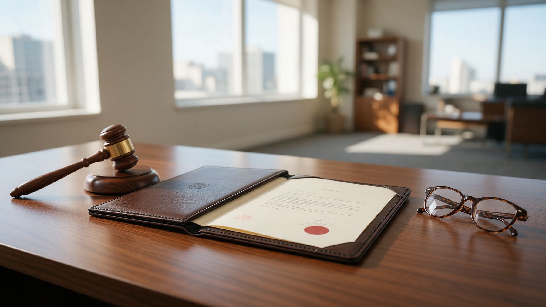 Contrato laboral, mazo y gafas sobre escritorio: abogados laborales en Bogotá