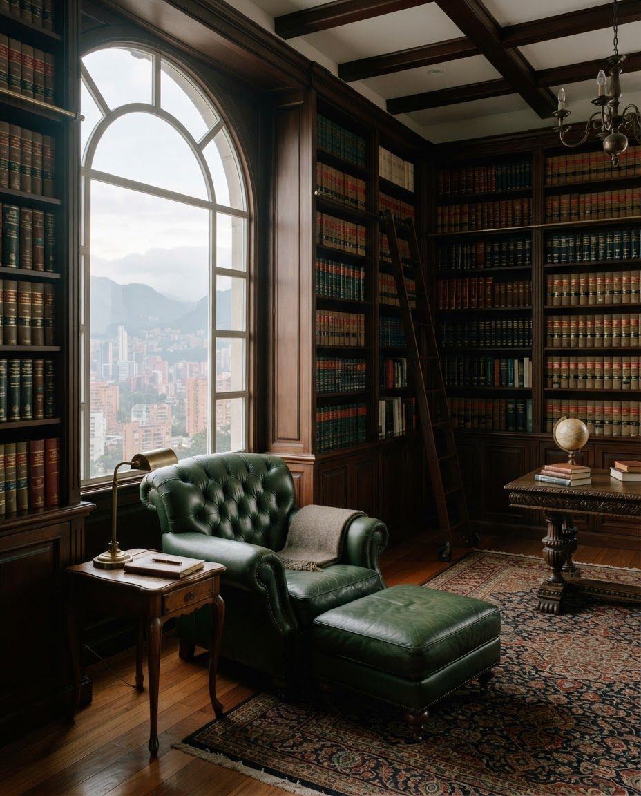 Biblioteca jurídica con sillón de cuero verde y vista a Bogotá