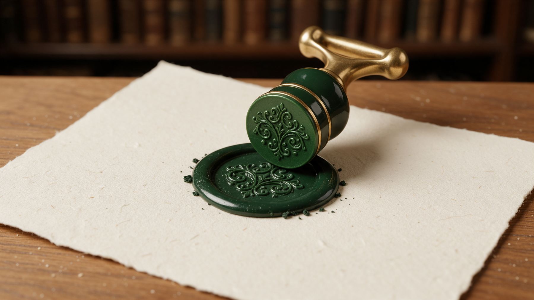 Sello de lacre verde sobre papel